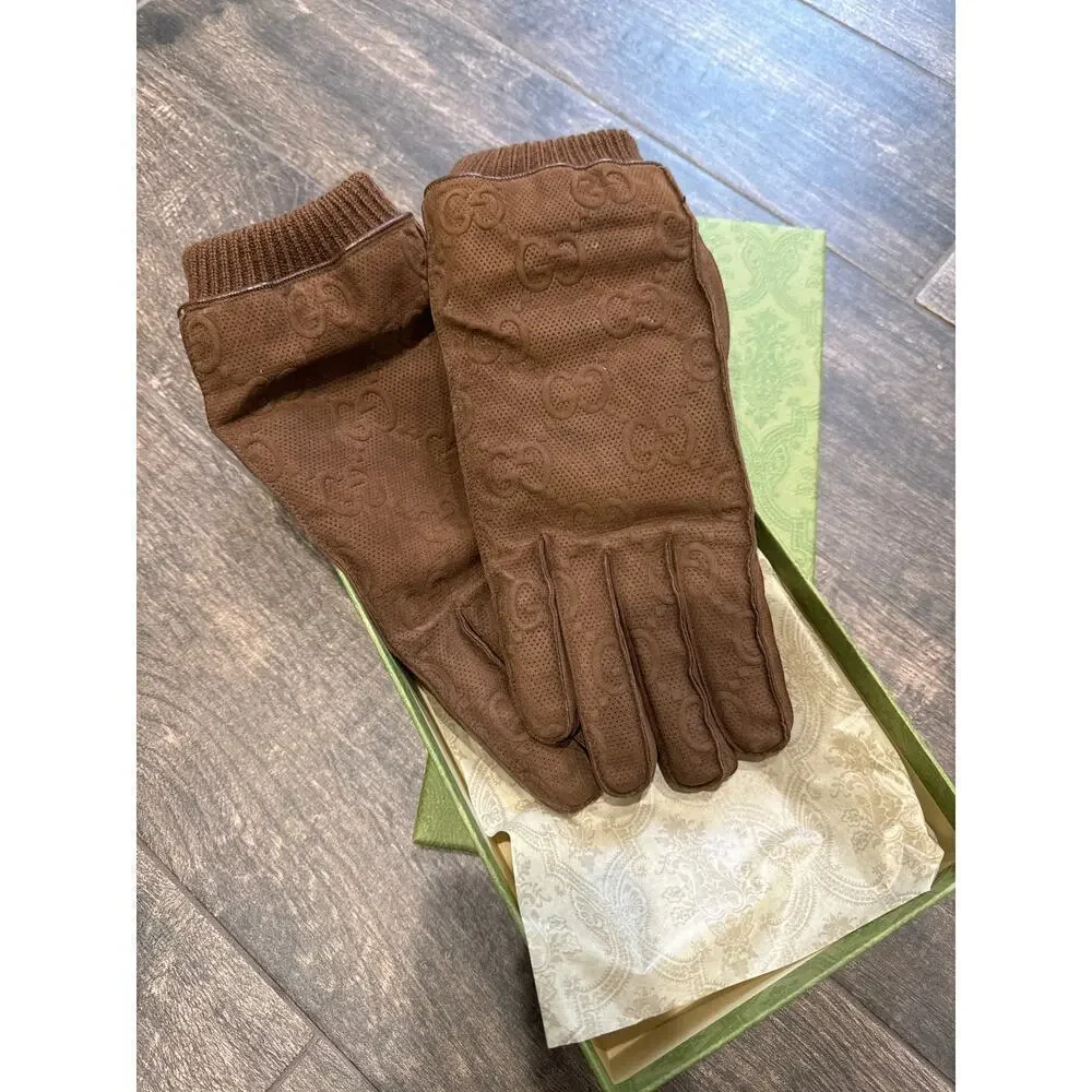 Gucci Men’s large Brown Suede Embossed Monogram GG Gloves NWT